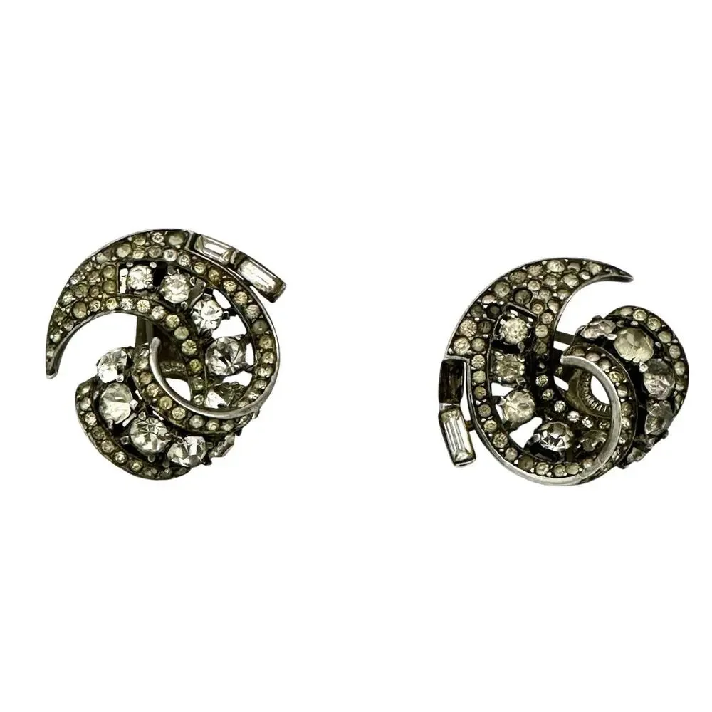 Vintage Sterling Statement Clip On Earrings Pat Pended (Crown Trifari?) Read